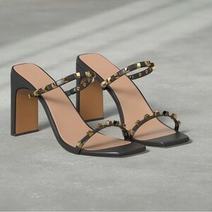 Elegant Black and Gold Studded Block Heel Sandals NWOT